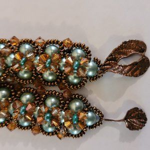 Handmade Faux Pearl and Crystal Beaded Bracelet with Leaf Closure